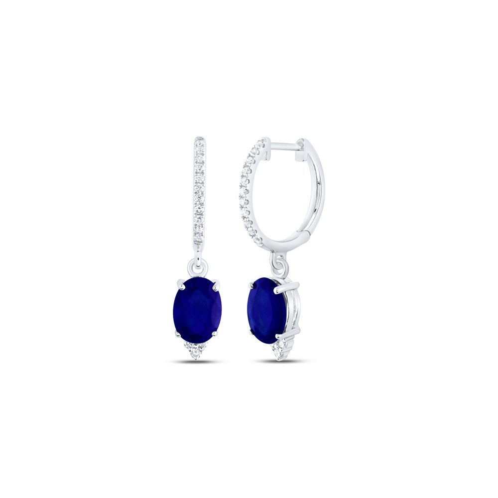 Picture of Gold N Diamonds 182856 0.16 CTW 14K White Gold Diamond ANA M 7 x 5 mm Oval Blue Sapphire Natural Gem Dangling Earring