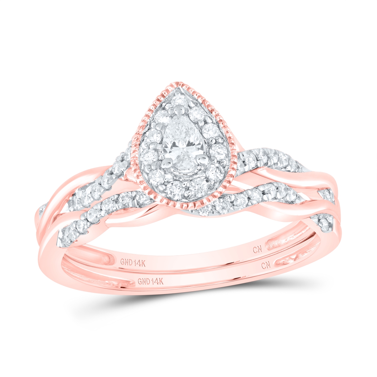 Picture of Gold N Diamonds 183378 0.33 CTW 14K Rose Gold Diamond CN Pear Single Halo Bridal Ring Set