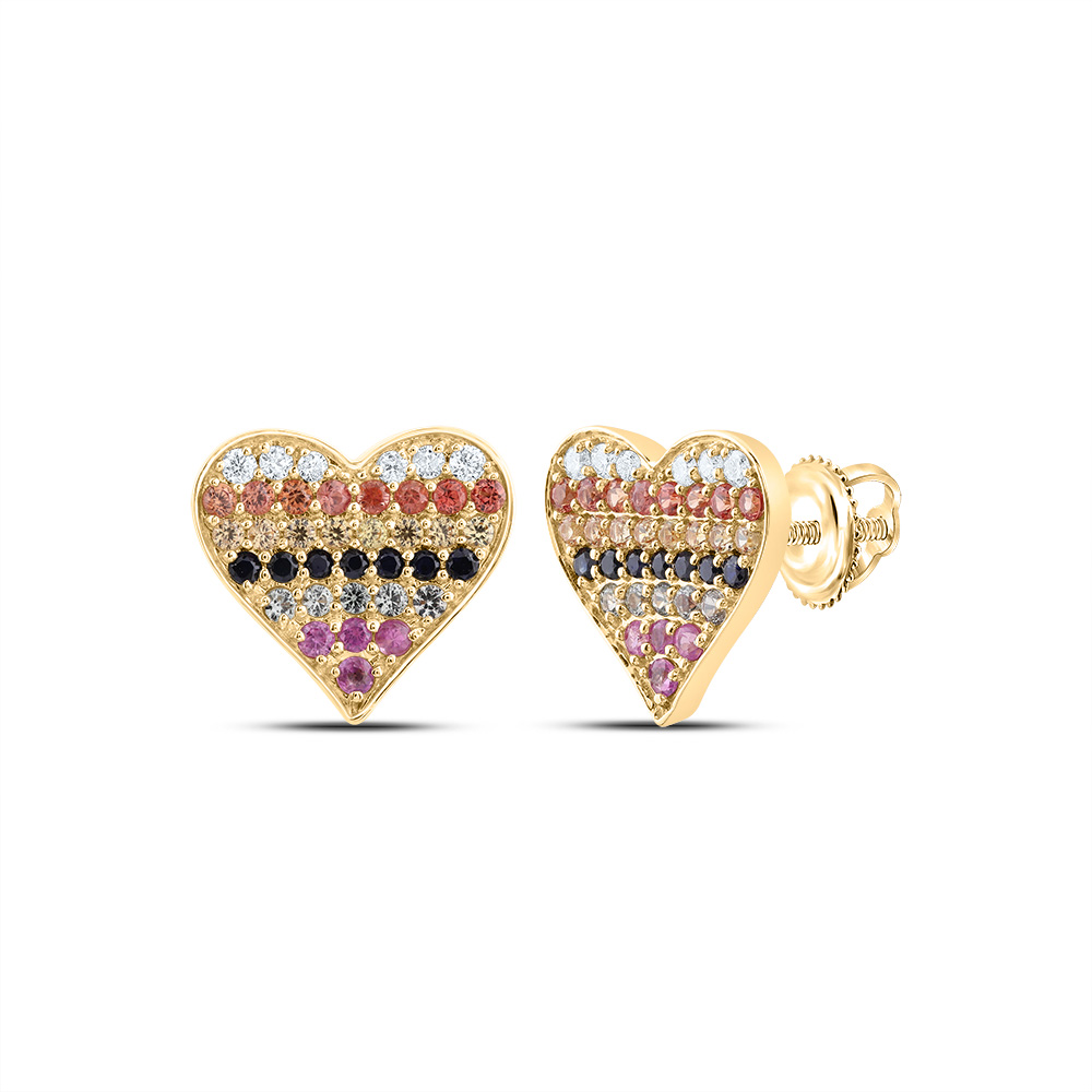 Picture of Gold N Diamonds 186058 0.1 CTW 10K Yellow Gold Diamond CN 0.62 CTW Round Natural Gem Multi Color Sapphire Heart Stud Earring