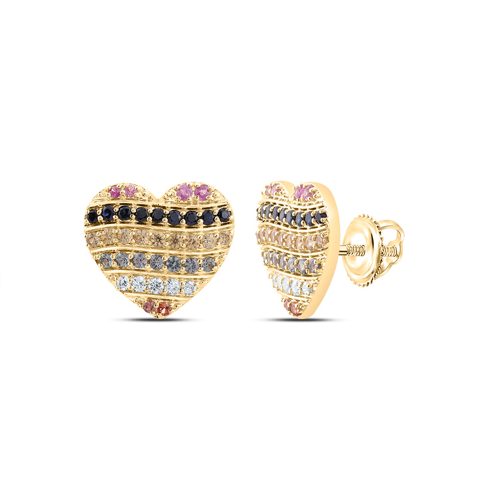 Picture of Gold N Diamonds 186064 0.1 CTW 10K Yellow Gold Diamond CN 0.62 CTW Round Natural Gem Multi Color Sapphire Heart Stud Earring