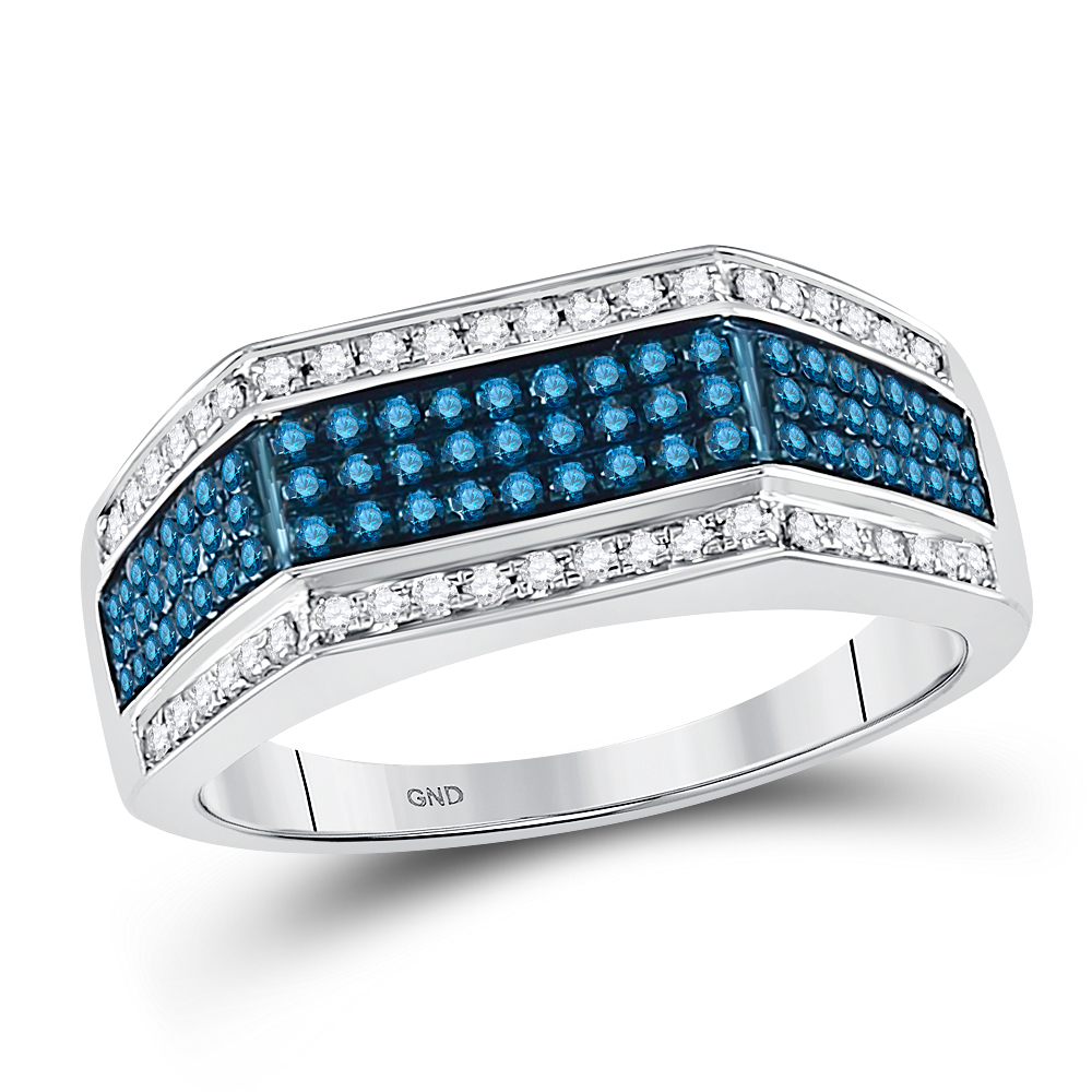 Picture of Gold N Diamonds 89356 0.75 CTW 10K White Gold Mens Round Blue Color Enhanced Diamond Triple Stripe Flat Surface Band - Size 10