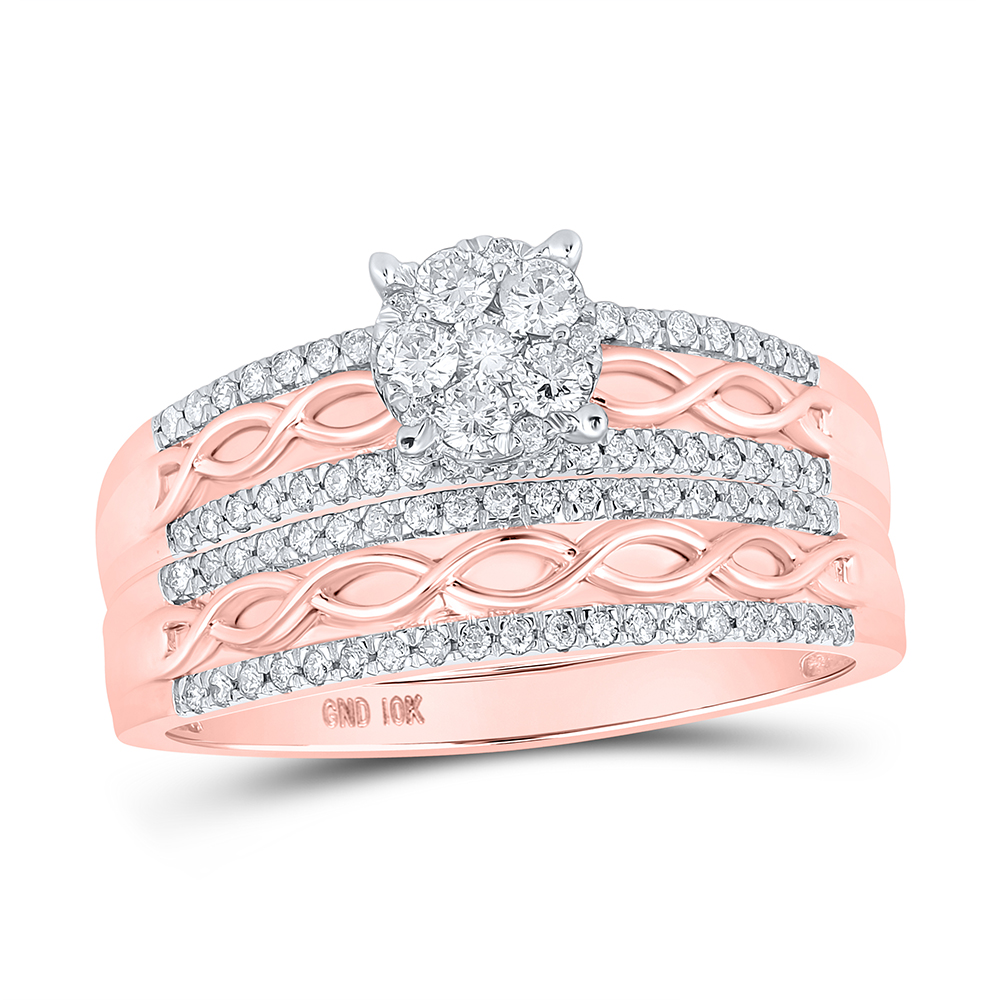 Picture of Gold N Diamonds 119910 10kt Rose Gold His & Hers Round Diamond Cluster Twist Matching Bridal Wedding Ring Band Set 1.00 CTTW - Size 7