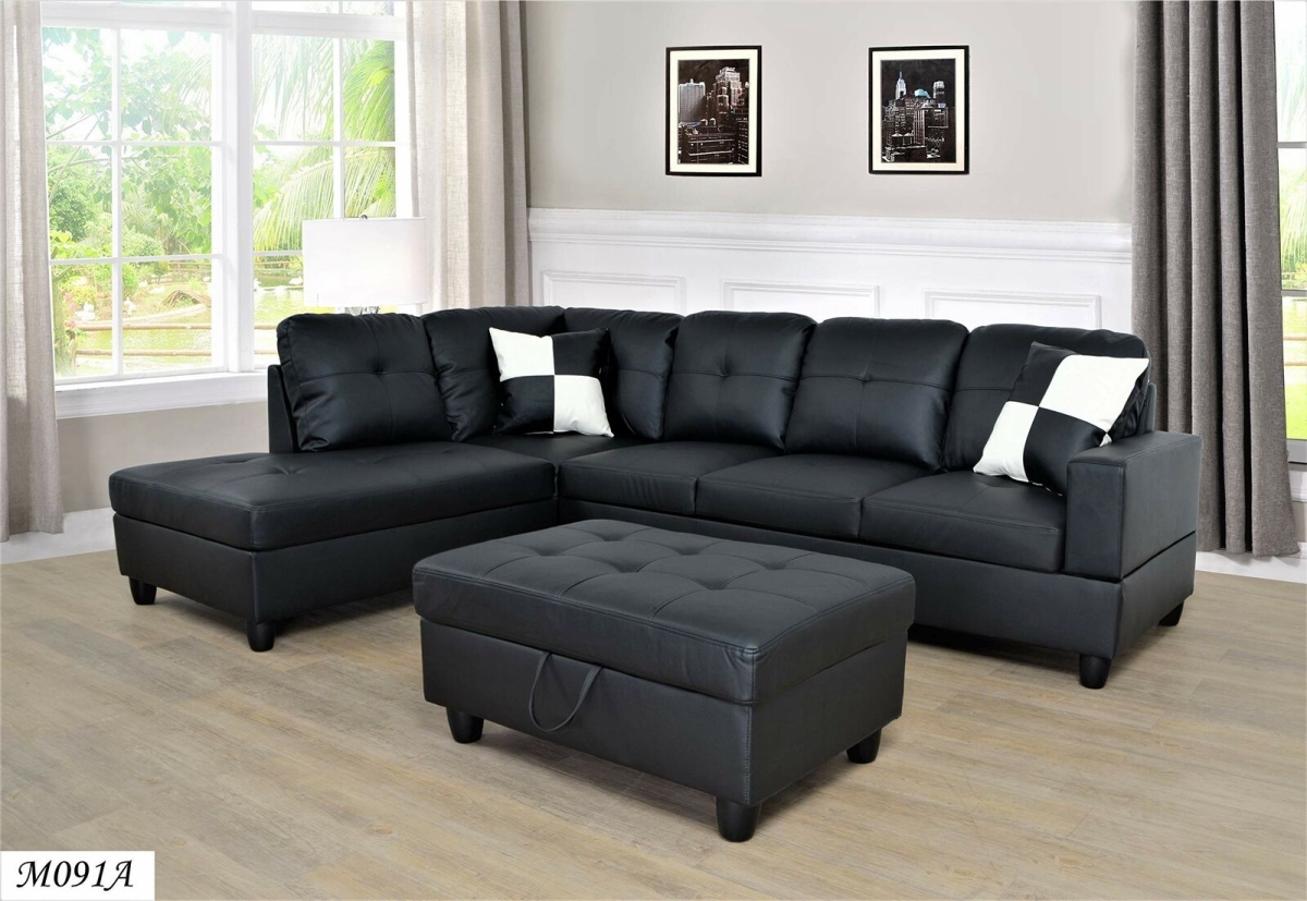 F091A Left Facing Sectional Sofa Set with Ottoman, Black - 3 Piece -  Golden Coast Furniture