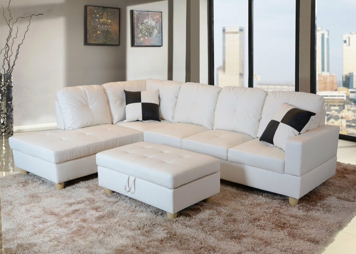 F092A Beverly Fine Furniture Left Facing Russes Sectional Sofa Set with Ottoman, White -  Golden Coast Furniture