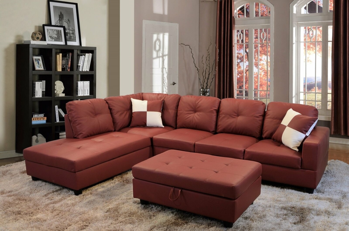 Left Facing Sectional Sofa Set with Ottoman, Red