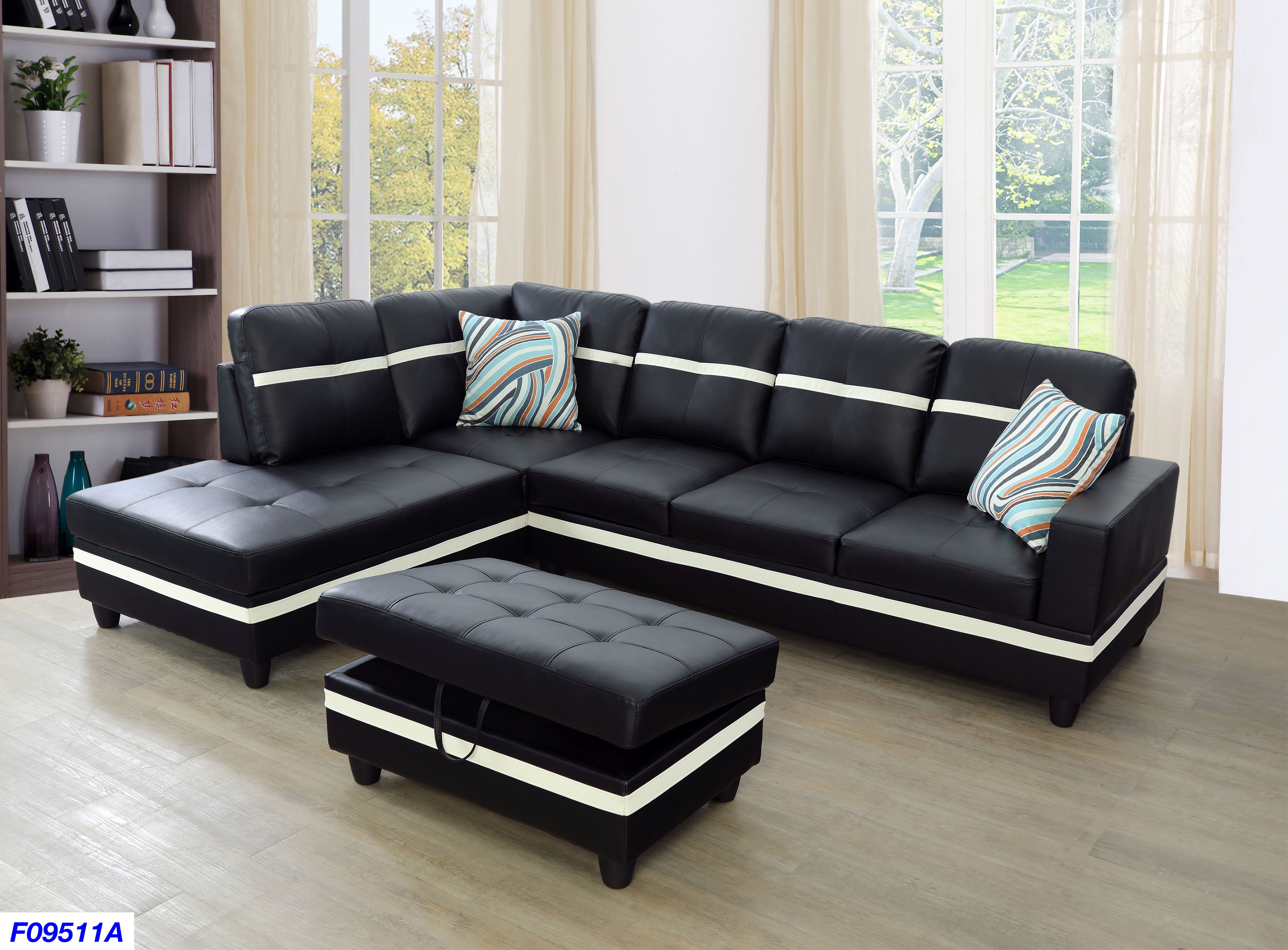 F09511A Sectional Sofa Set Black with White Stripes - 3 Piece -  Golden Coast Furniture