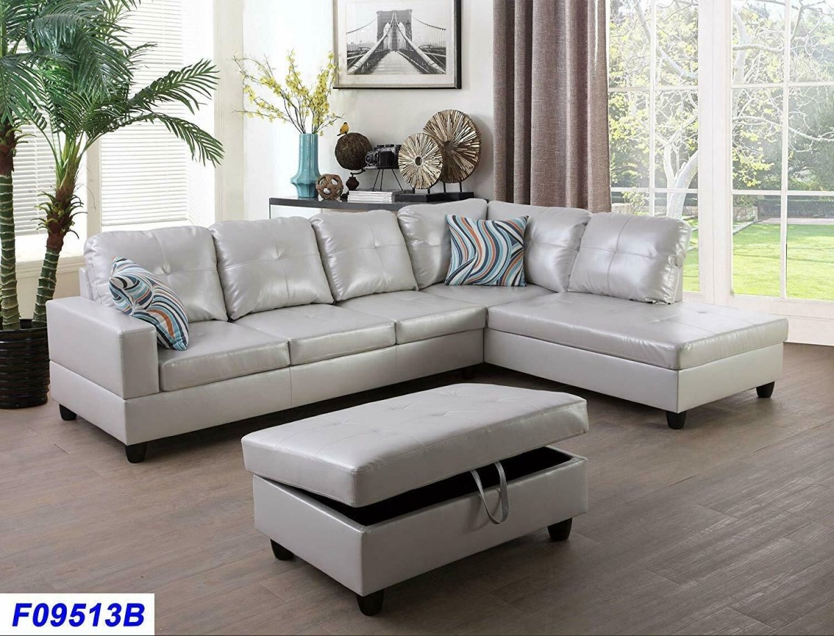 F09513B Right Hand Facing Chaise Sectional Sofa Set with Ottoman, White -  Golden Coast Furniture