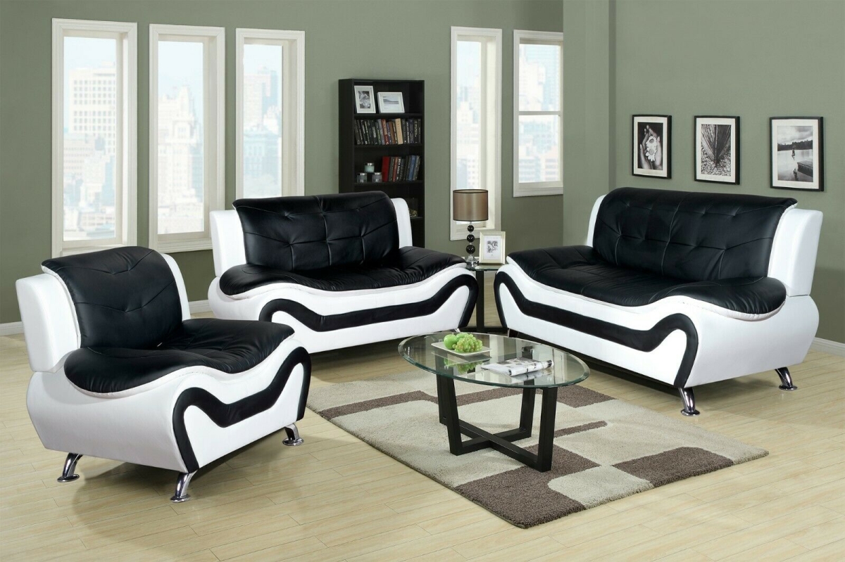 F4501-1 Classic Leather Sectional Sofa Set, Black & White - 3 Piece -  Golden Coast Furniture