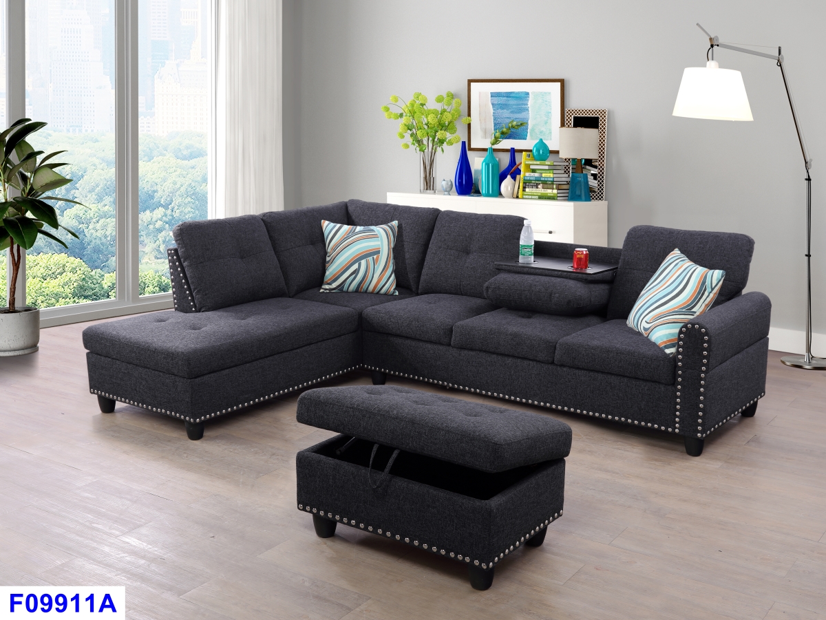 Beverly Fine Living Room Sofa Sectional with Ottoman & Cup holder Console - Charcoal Gray Linen