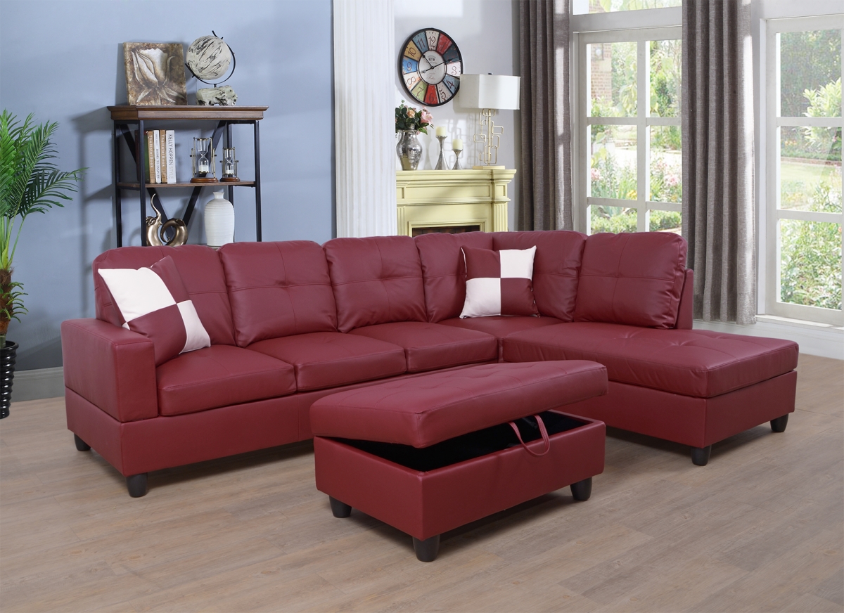 Right Facing Sectional Sofa Set with Ottoman, Faux Leather Red