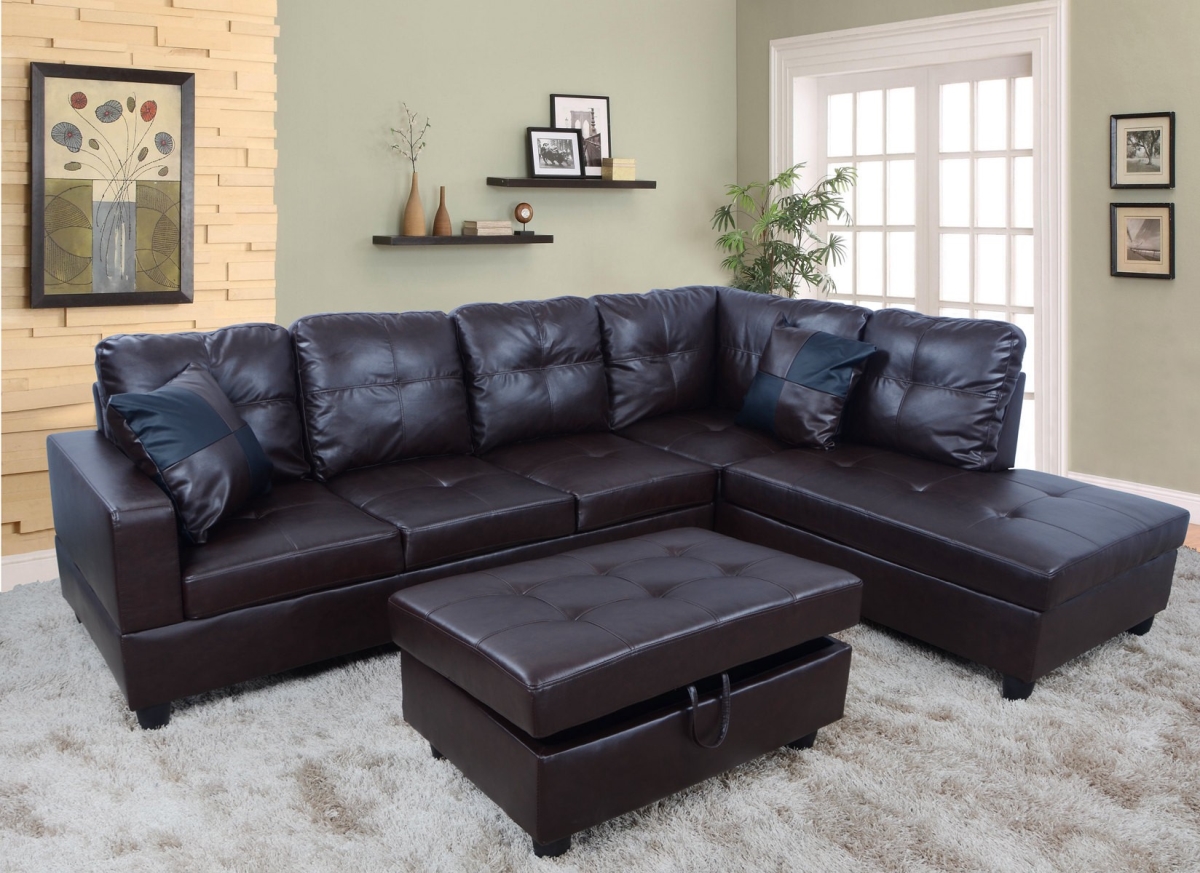 Right Facing Sectional Sofa Set with Ottoman, Faux Leather Brown
