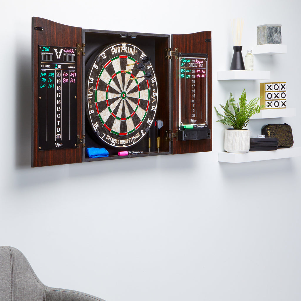 Picture of Viper 40-0381 Vault Deluxe Dartboard Cabinets with Shot King Sisal & Illumiscore Scoreboard&#44; Walnut
