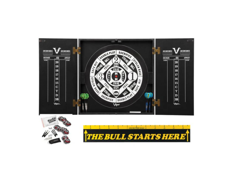 40-1205 Hideaway Cabinet with Coiled Paper Dartboard, The Bull Starts Here Throw Line Marker & Steel Tip Dart Accessories Kit - Black
