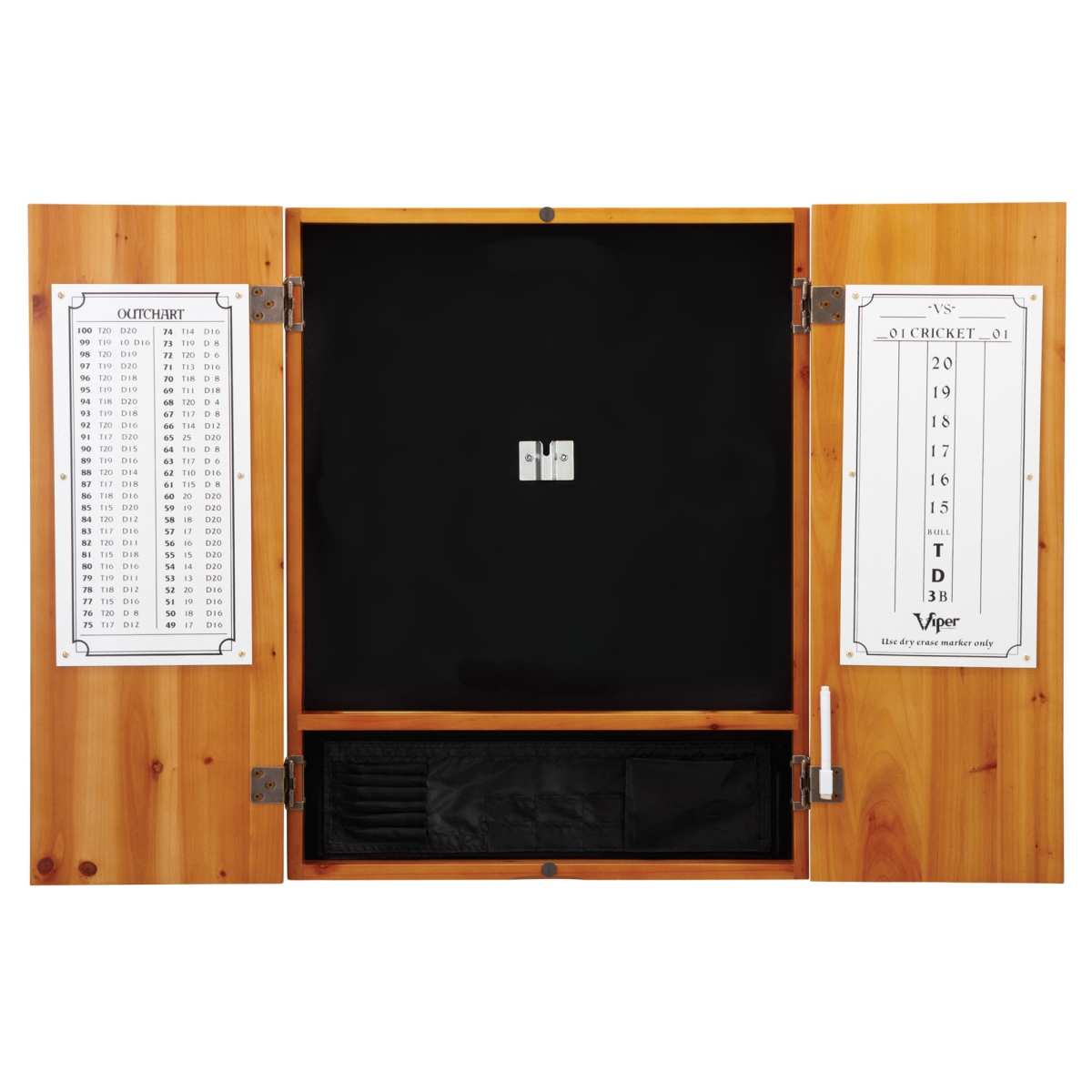 40-1038 25 g Metropolitan Oak Steel Tip Dartboard Cabinet, Dead-On Bristle Dartboard, Underground Raven Steel Tip Darts & Throw Line Light
