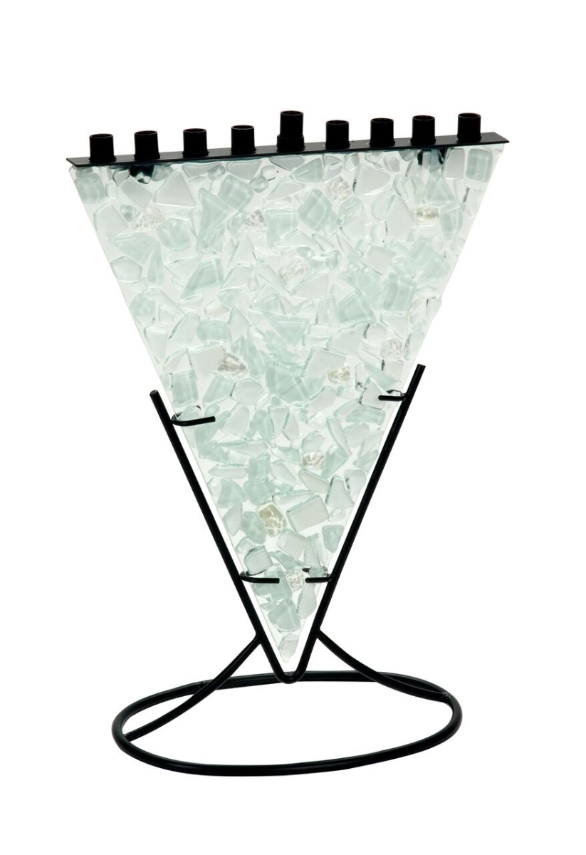 Picture of Israel Giftware M-749 Multi Colored White, Clear & Soft Aqua Tones of Fused Glass Triangle Shaped Menorah