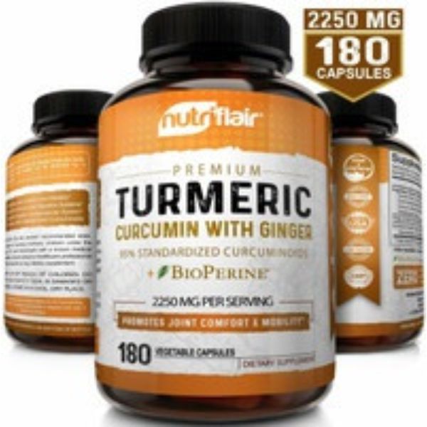 Picture of NutriFlair kett8611 2250 mg Ginger & BioPerine Joint Pain Root 180 Capsules with Turmeric Curcumin Capsules