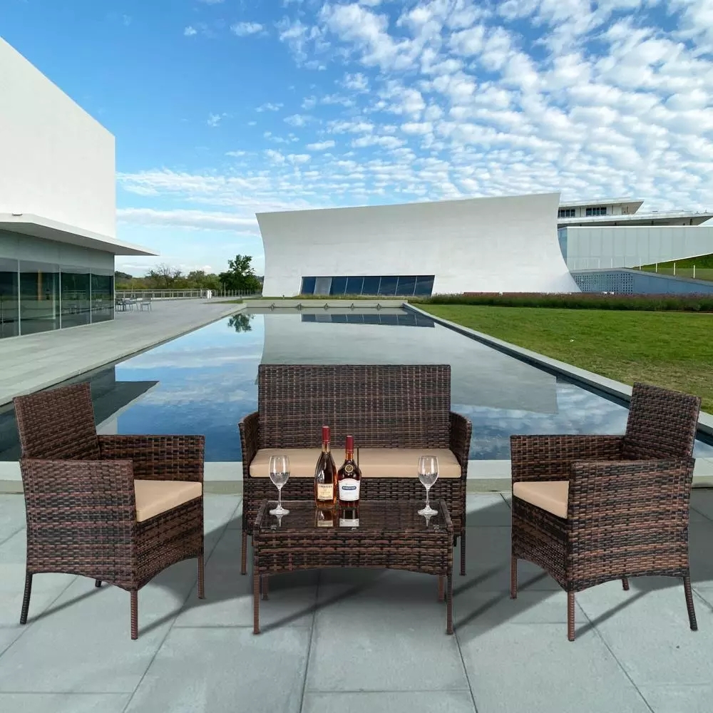 Picture of Sofa 09875678 4PCS Outdoor Rattan Wicker Patio Set Garden Lawn Sofa Chair Cushioned Furniture