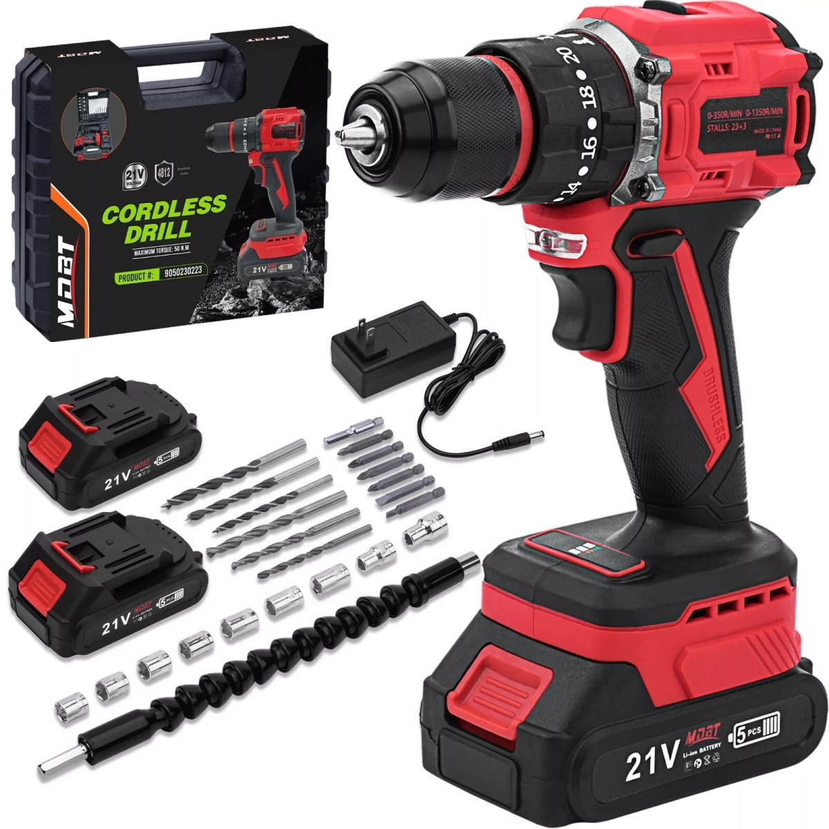Picture of MDBT Somethij 21V Cordless Electric Drill Set 2 Batteries 3/8-Inch Chuck Driver Bits and Tool