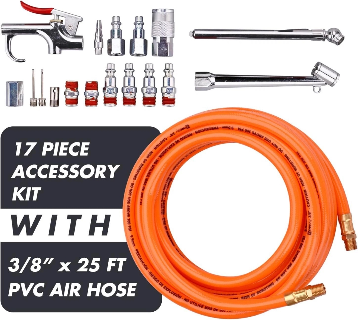 Picture of whisp Buttheith 3/8&apos; X 25Ft PVC Air Hose Kit W/ 17 Piece Tool Air Compressor Accessories 300psi