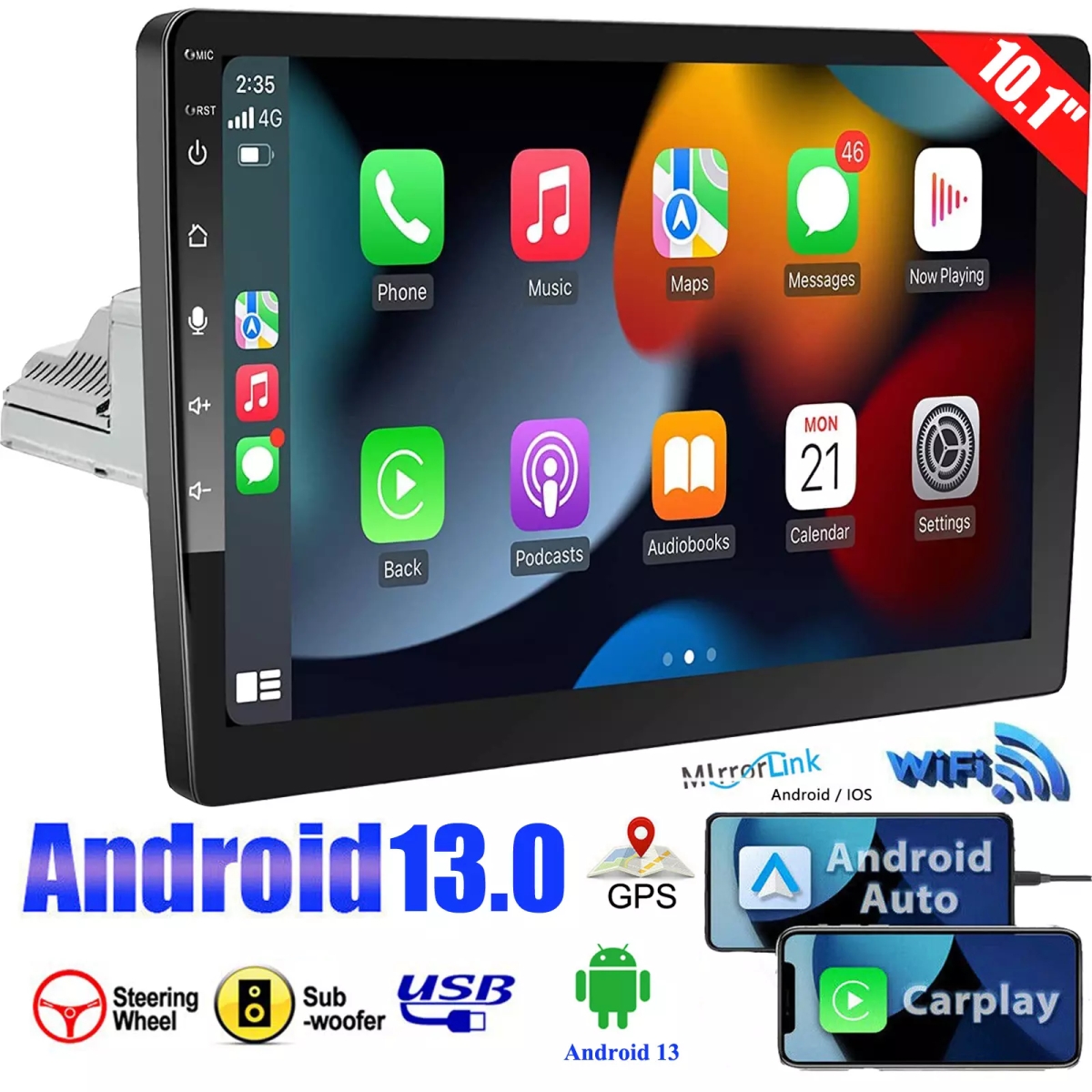 Picture of Din 2rhin 10.1&apos;&apos; Double 2 Din Android 13 Touch Screen Car Stereo Radio GPS WIFI BT Carplay