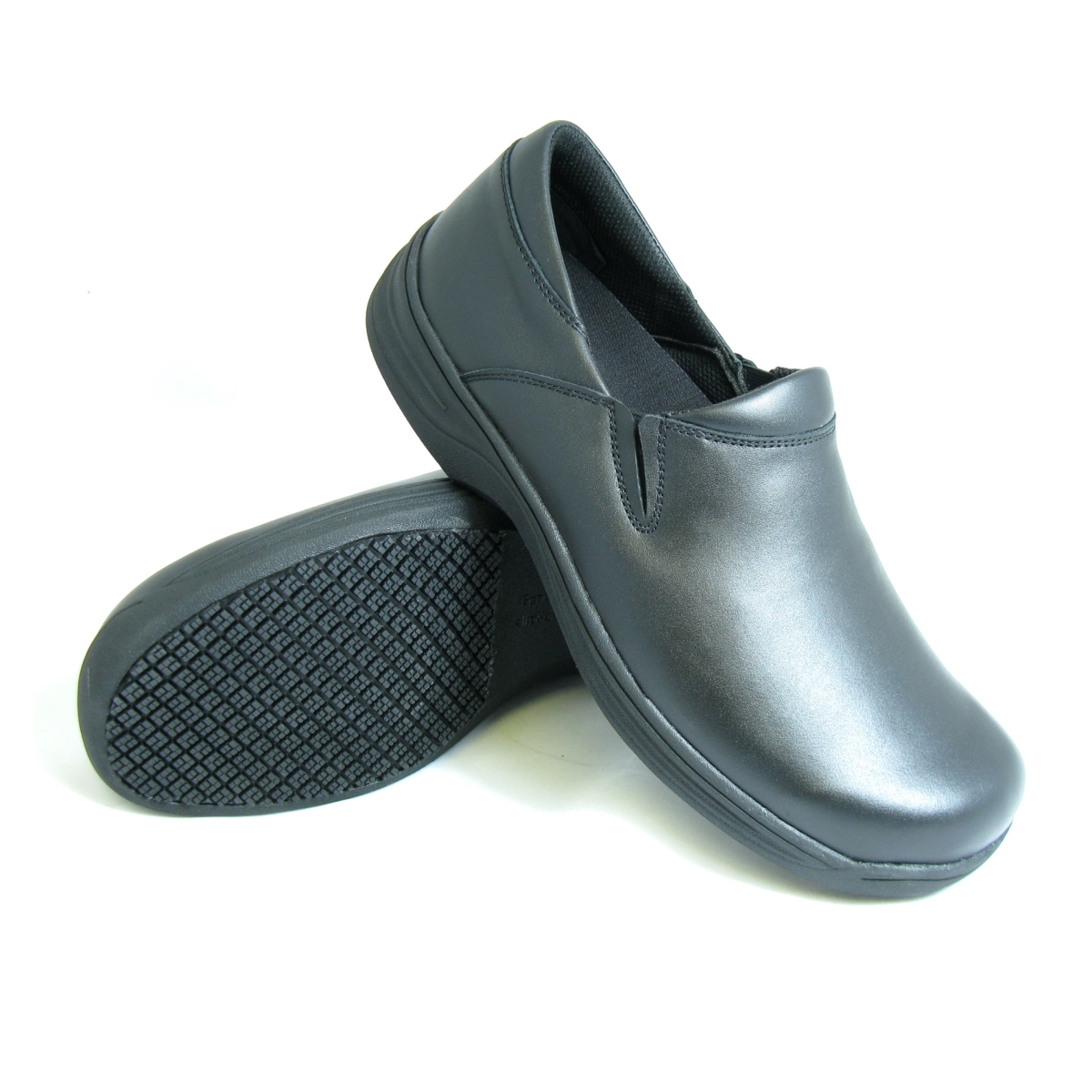 Women's Slip-Resistant Slip-On Work Shoes, Black Leather - Size 9.5