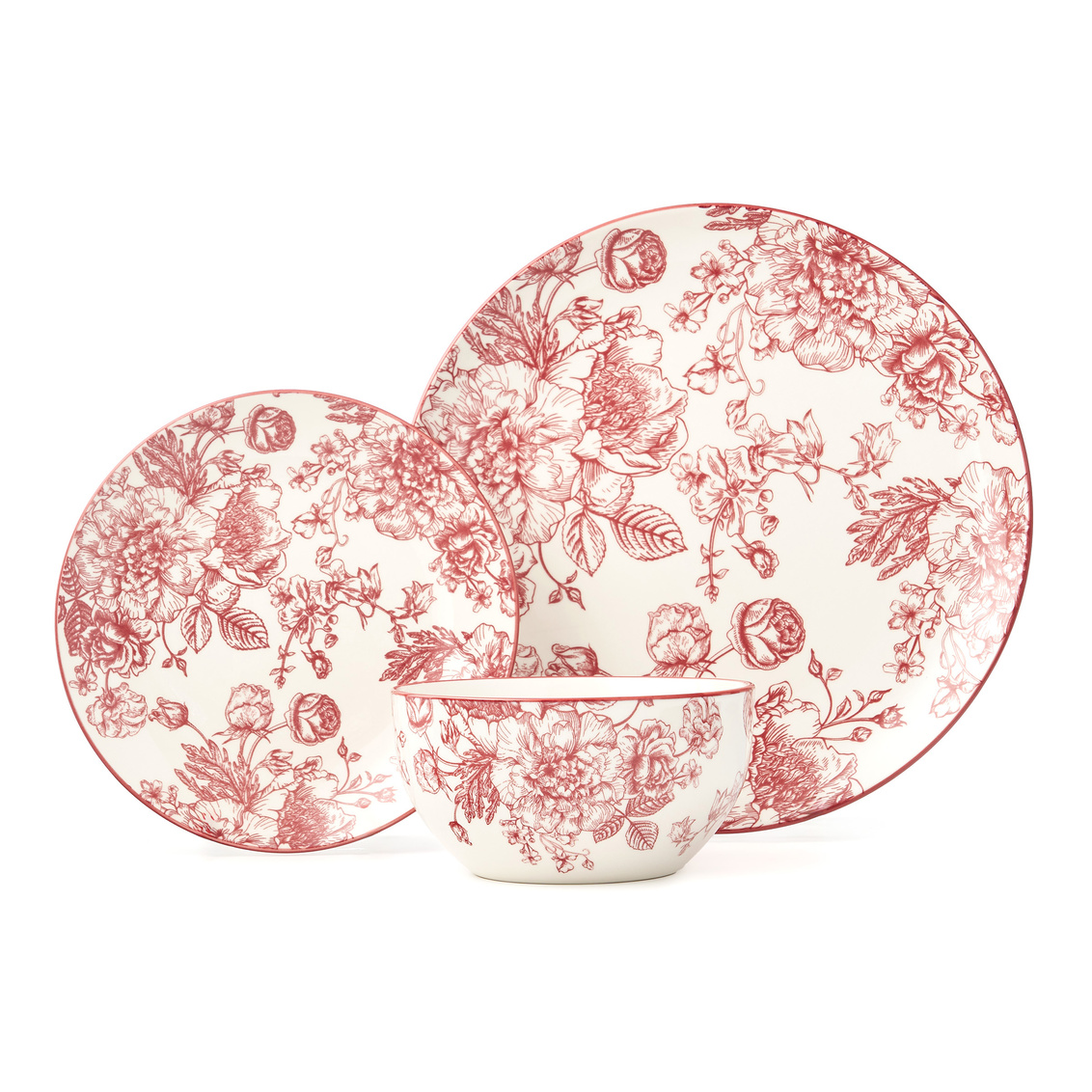 87482 24.5 oz Banbury Crimson Porcelain Dinnerware Set, White & Red - 12 Piece