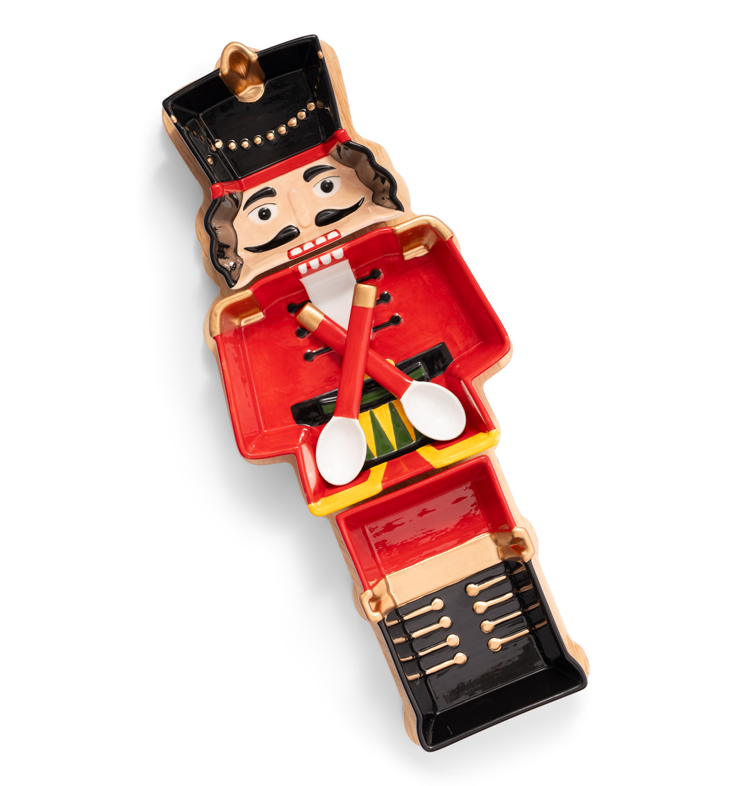 Holiday Nutcracker Appetizer Plate Server Set - Red & Natural - Wooden Board - Festive Design