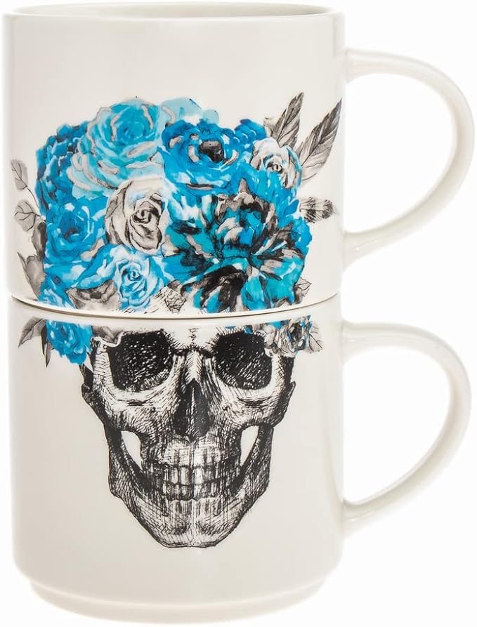 12637 16 oz Boho Bones Stackable Mugs, White - Set of 2