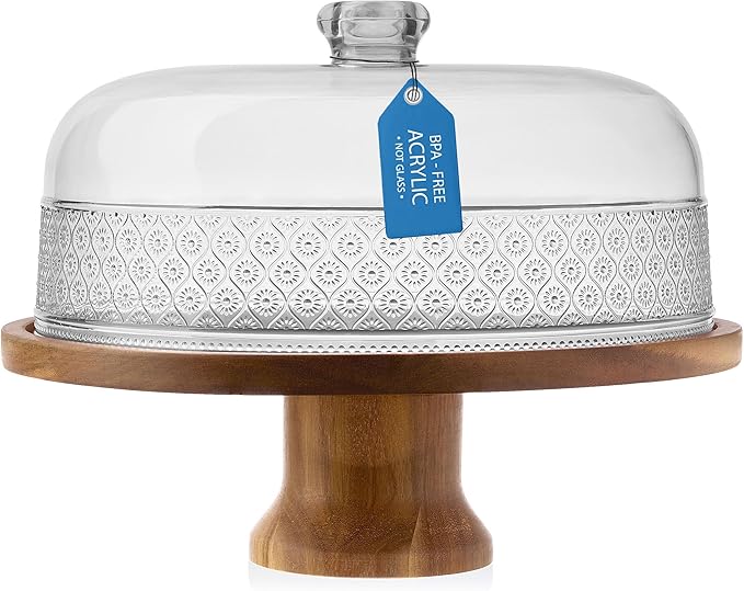 14520 Footed Cake Stand with Dome - Acacia Wood Base & Shatterproof Acrylic Lid, Clear