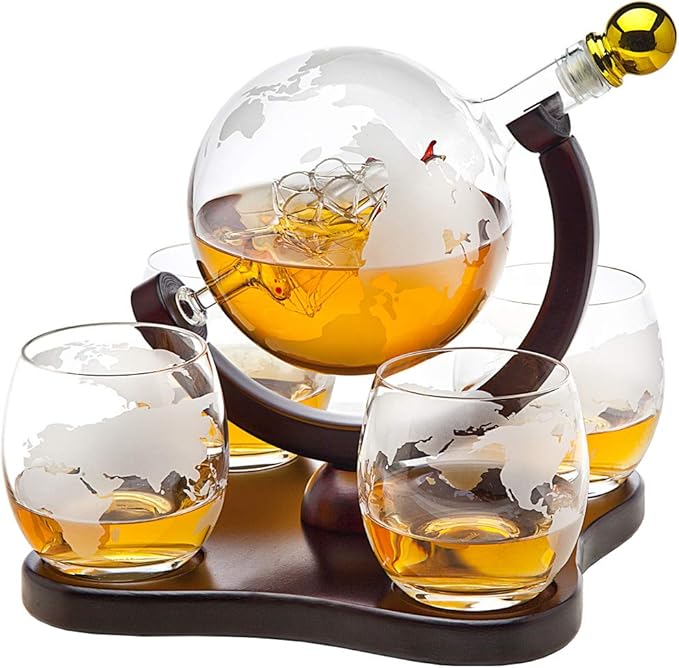 R11-49983 28.7 fl oz Globe Whiskey Decanter Set with 4 Double Old Fashioned Glasses - 5 Piece
