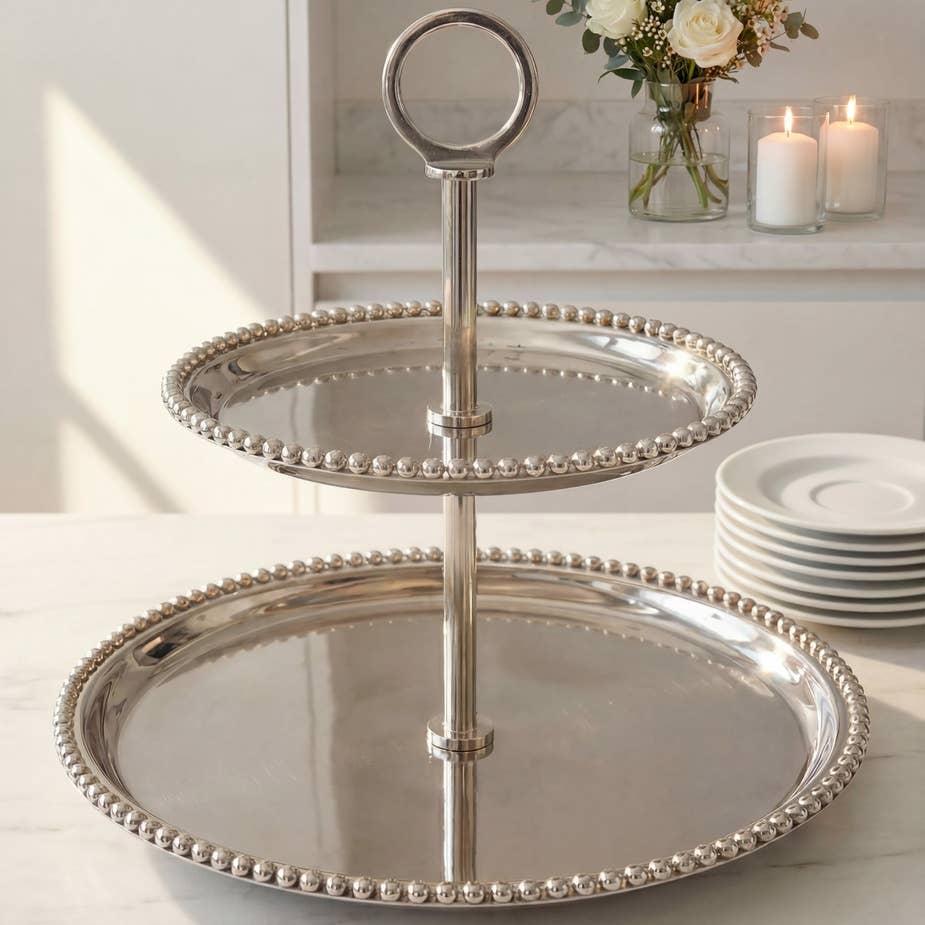 51317 Perles 2 Tier Cake Stand, Silver