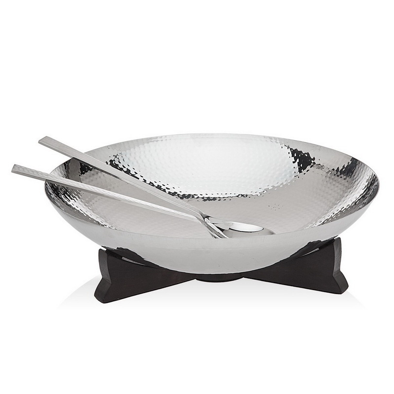 Godinger Hammered Salad Bowl with Wooden Base & Server, Silver