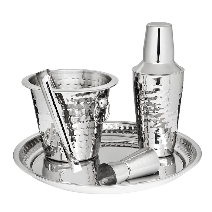 Godinger Barware Bar Tools Stainless Steel set, Includes Cocktail Shaker for Drink Mixing, Double Jigger, Ice Bucket, Tongs and Display Serving Tray
