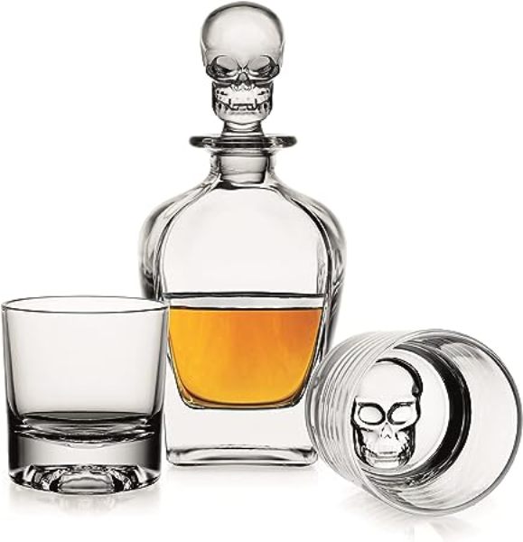 Picture of Godinger 27386 Skull Decanter & Old Fashioned Whiskey Glasses - Silver - Set of 3