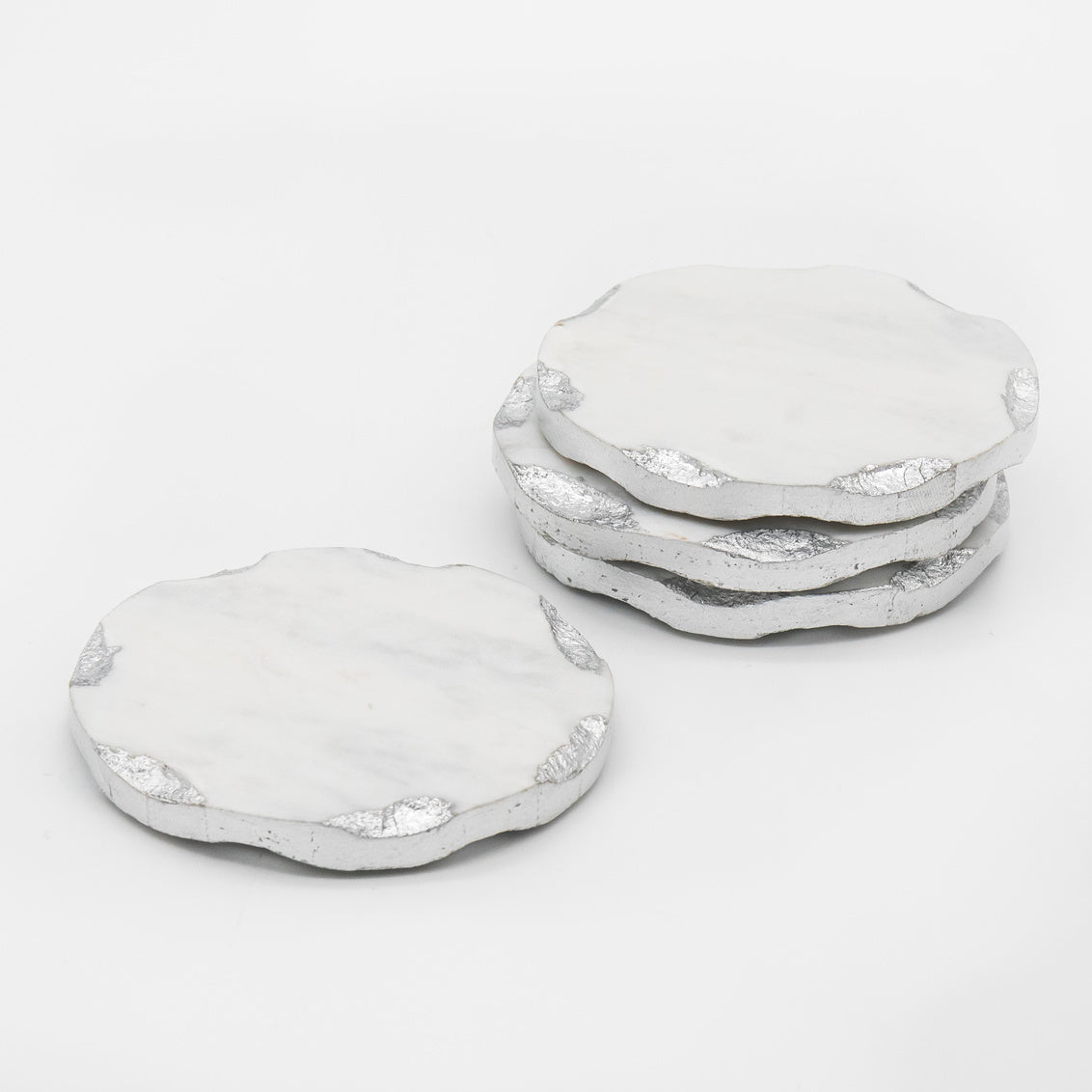 Lavi Marble Round Coasters with Silver Edge - White & Silver - Set of 4