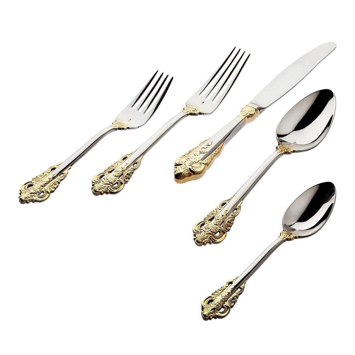 18-10 Baroque Accented 24KT Plated Stainless Steel Flatware Set - Part Gold - 20 Piece