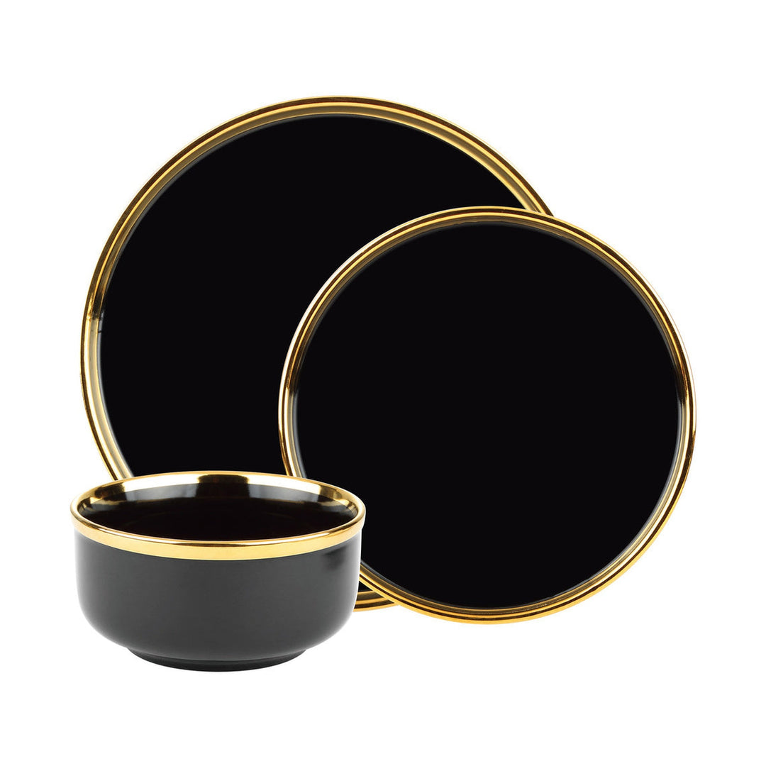 87468 Hillcrest Gold Rim Dinnerware Set, Black & Gold - 12 Piece