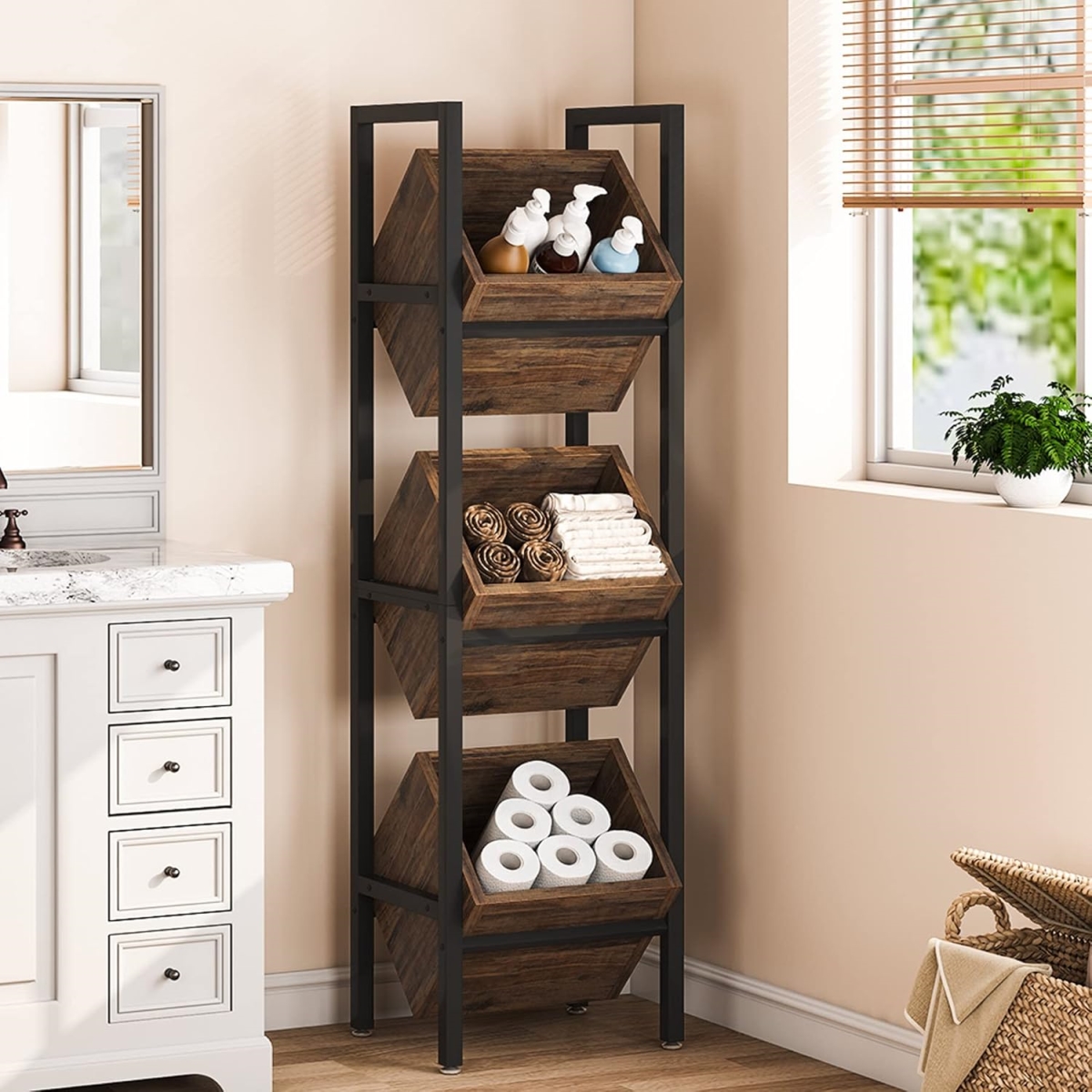15in. 3-Tier Industrial Basket Stand - Brown & Black - Angled Baskets