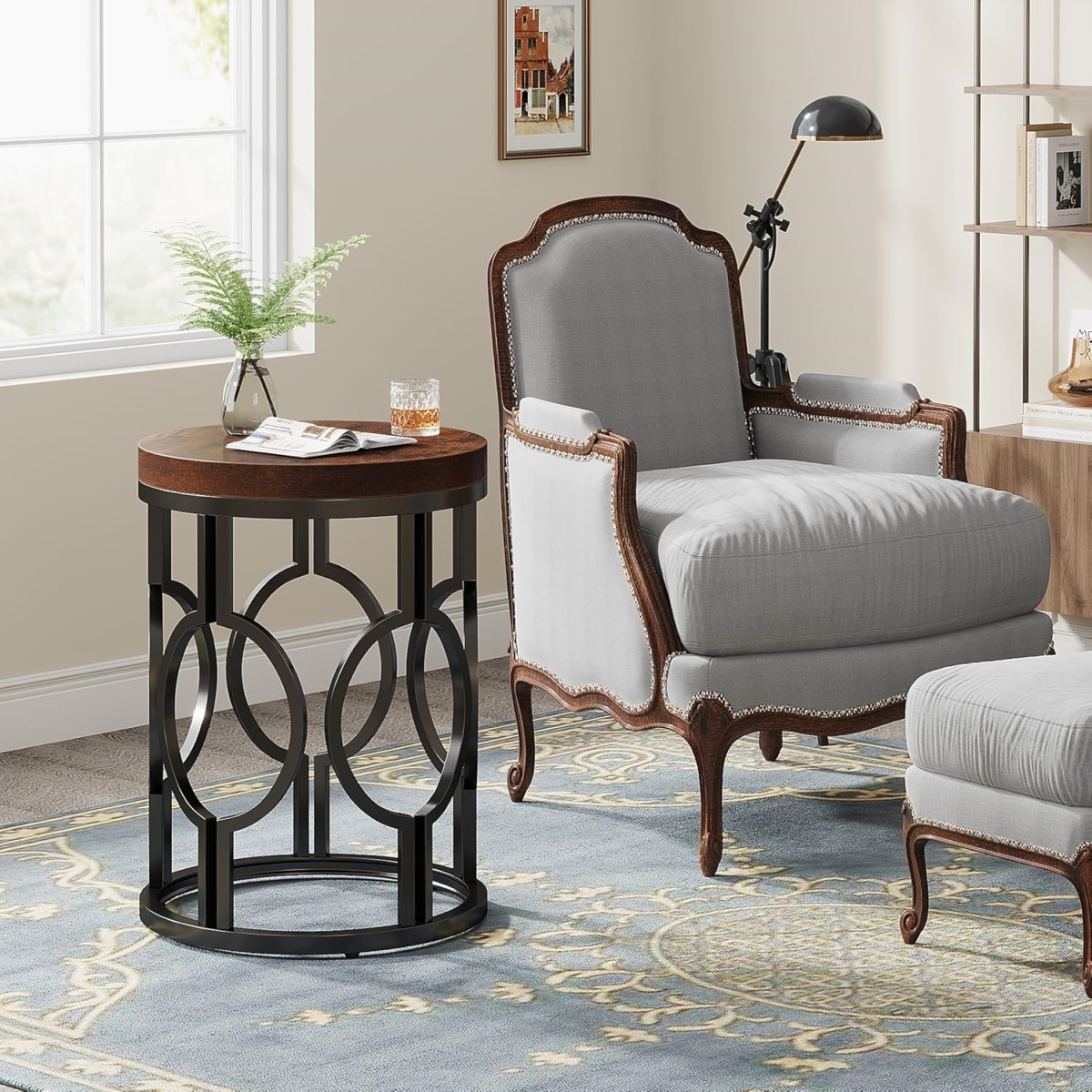 TB-NY092 20 in. Round Industrial Side Table with Metal Openwork Frame - Brown