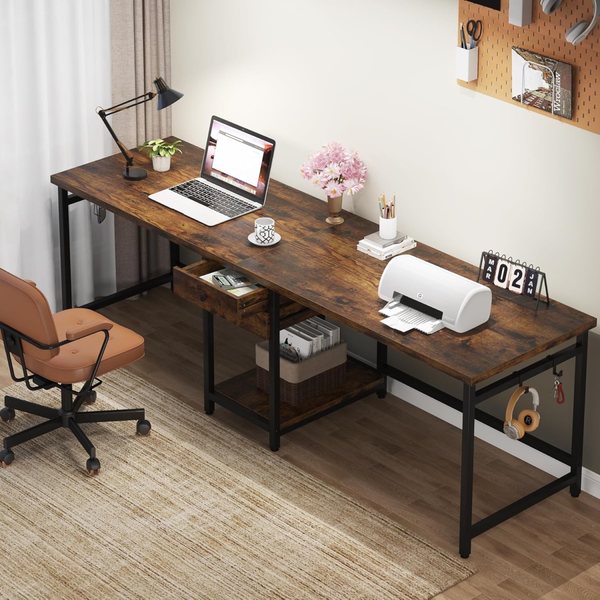 TB-NY264 79 in. Two Person Computer Desk with Drawers & Storage Shelves - Rustic Brown