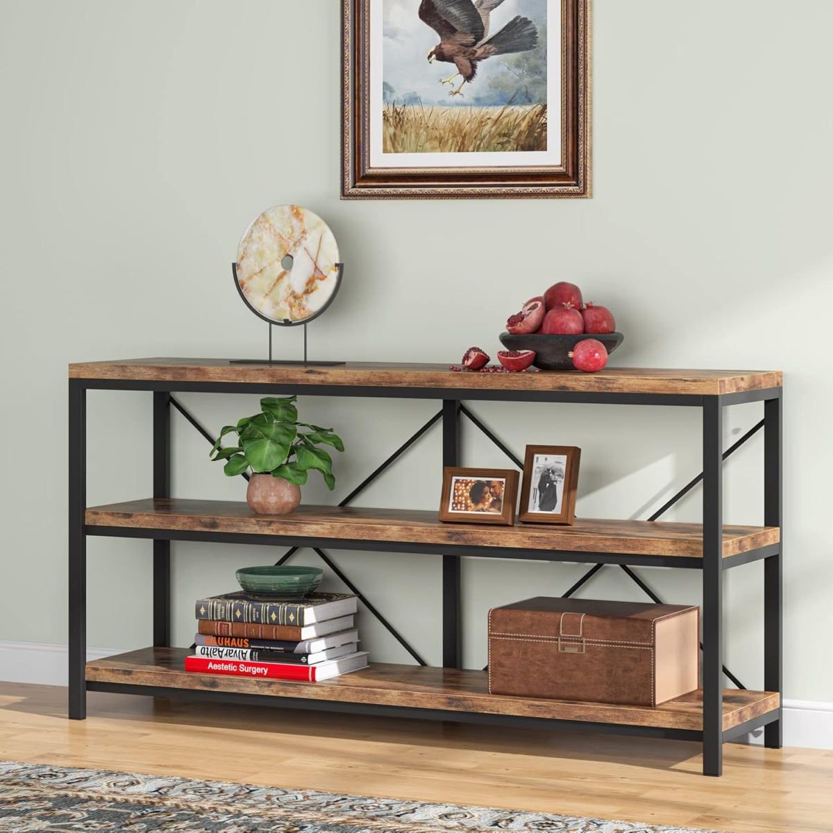 TB-U0119 55 in. Industrial Console Table with Storage Shelves - Rustic Brown