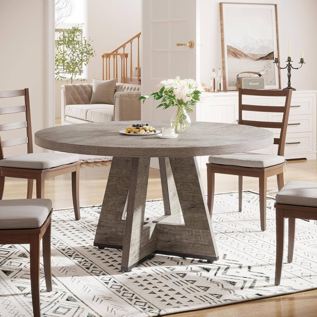 TB-XK00468XX 47 in. Round Farmhouse Dining Table - Rustic Grey