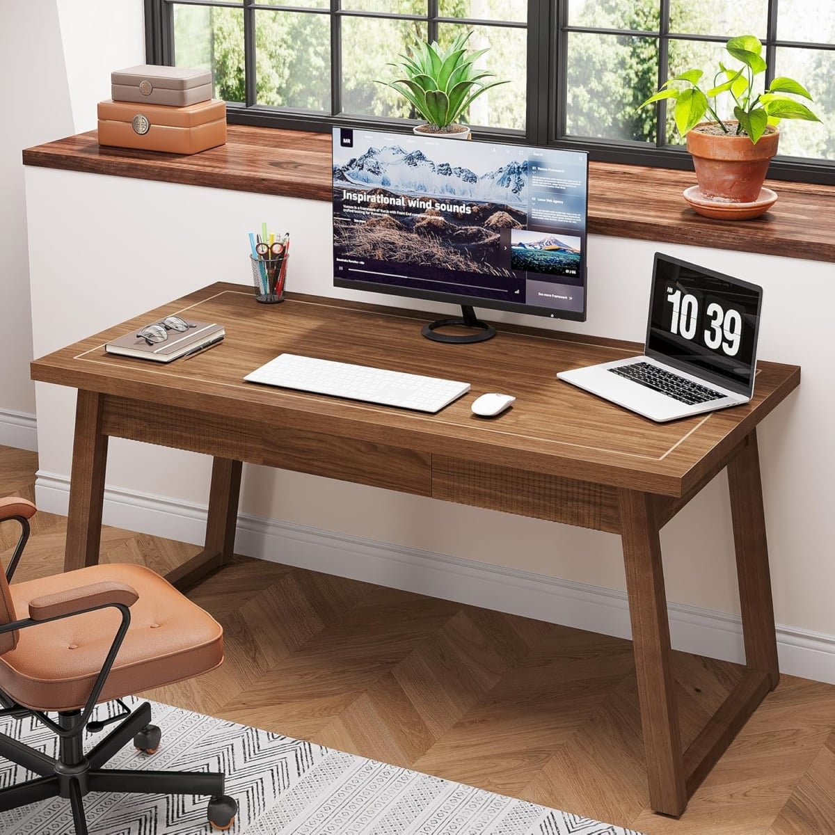 TB-YS0322 55 in. Mid-Century Modern Executive Desk with Drawer - Rustic Walnut Brown