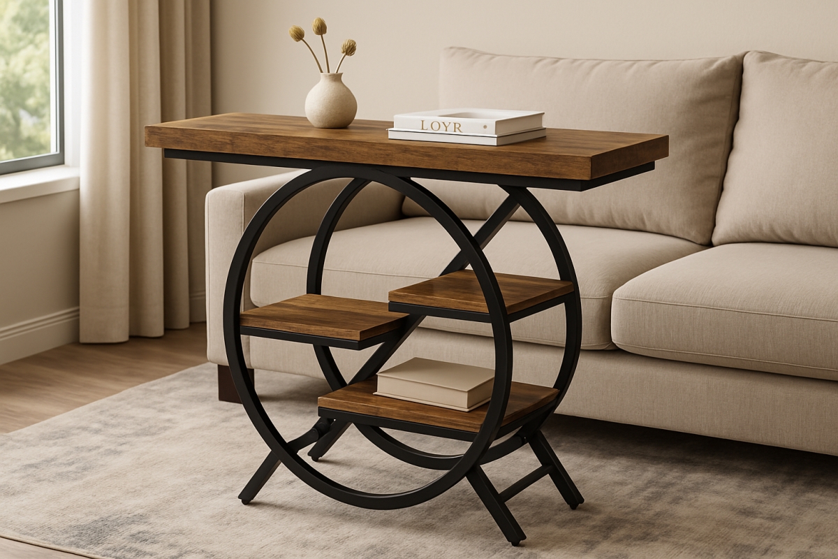 TB-JW0717 39.4 in. Industrial 4-Tier Entryway Console Table with Geometric Circle Metal Frame & Storage Shelves - Rustic Brown