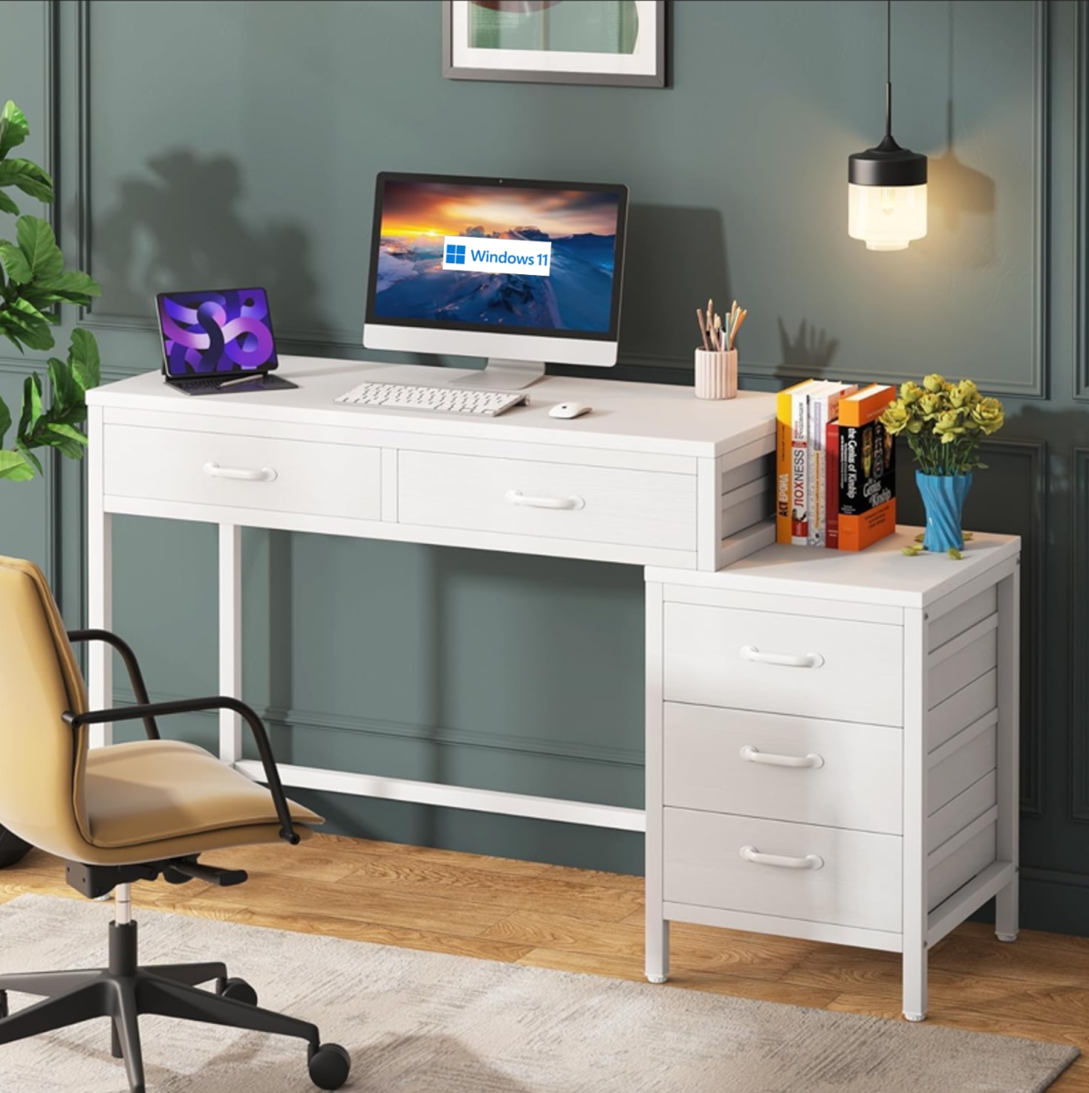 TB-JW0530 51 in. Reversible Computer Desk with 5 Drawers & File Cabinet - White