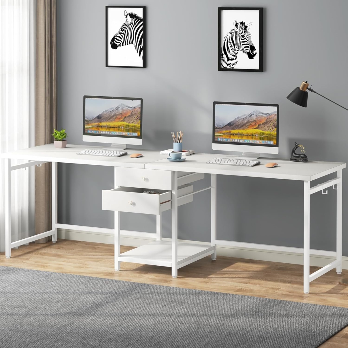 79-Inch Two-Person Computer Desk - White - Sturdy Steel Frame - Versatile Storage
