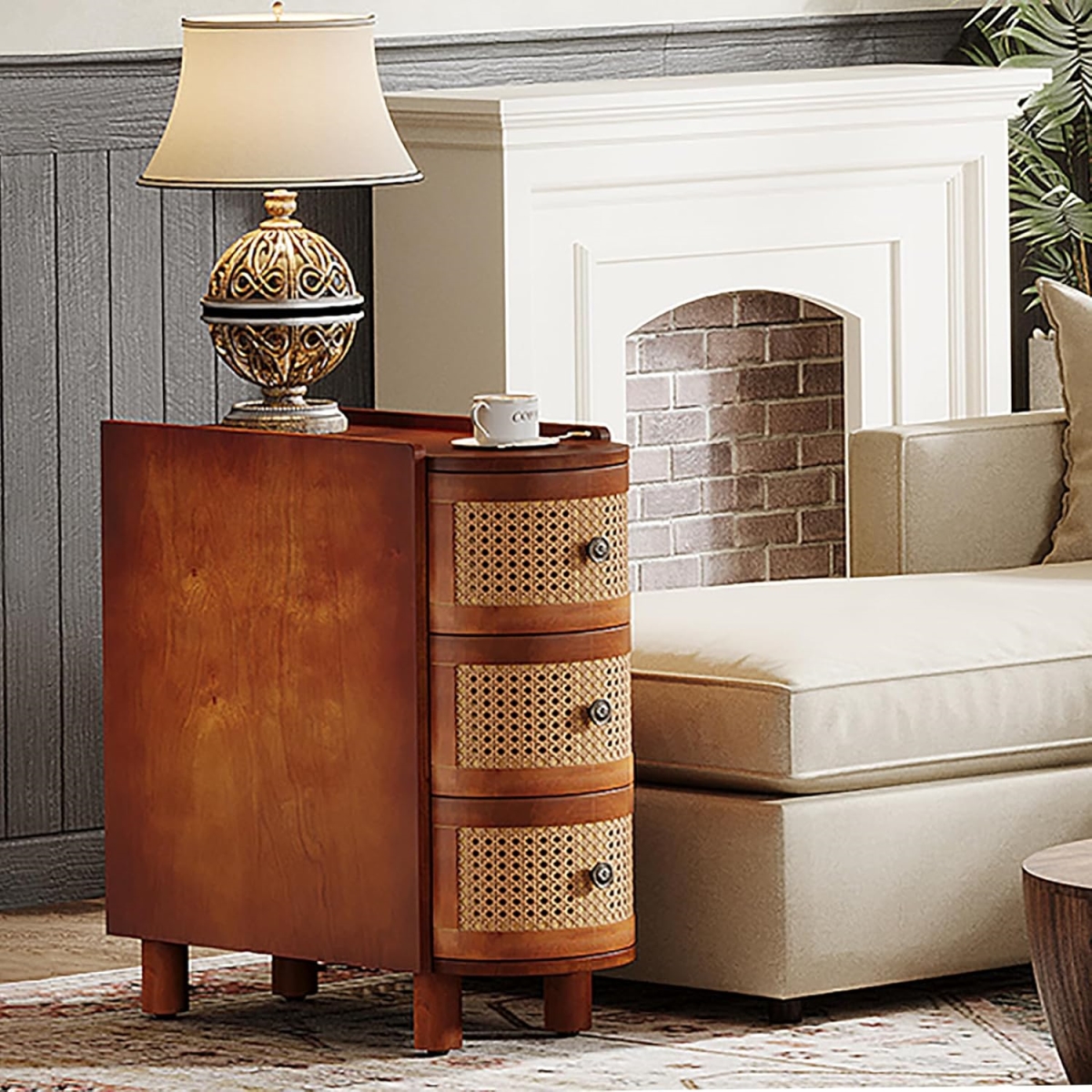 TB-XK00666 10.62 in. Narrow Rattan 3-Drawer End Table - Walnut & Oak