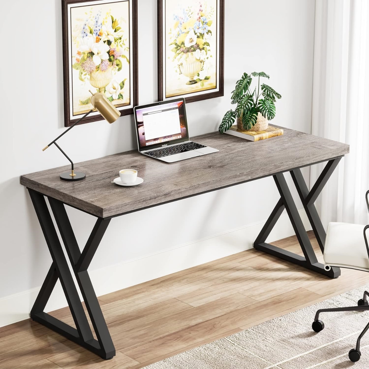 TB-U0154 55 in. Modern Writing Desk with Z-Shaped Metal Legs - Rustic Grey