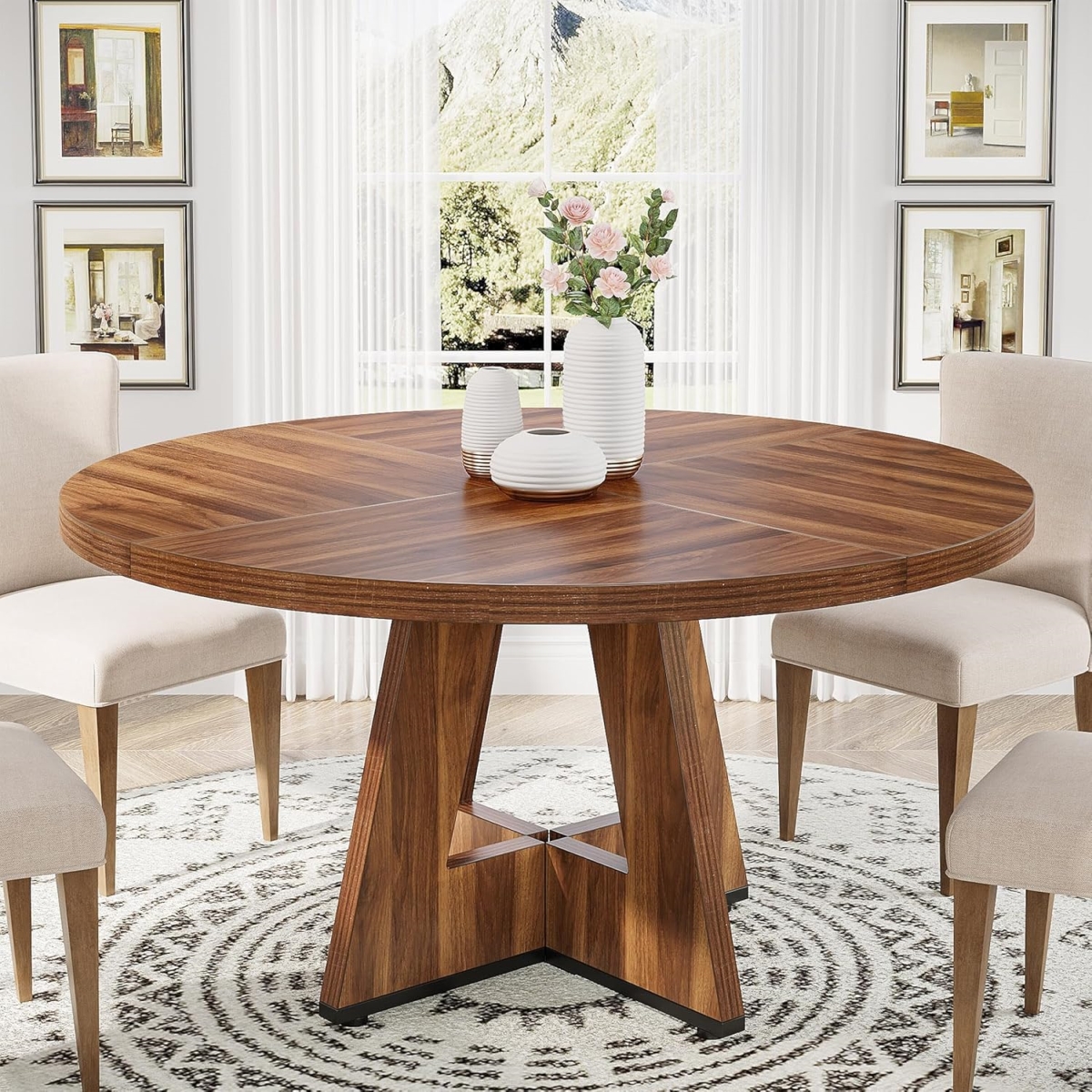 TB-XK00379XX 47 in. Round Farmhouse Dining Table - Rustic Brown