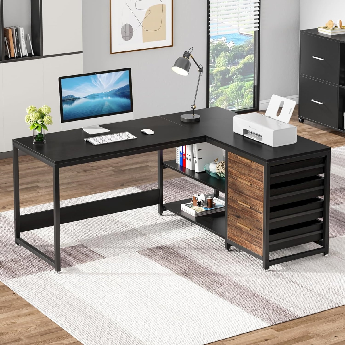 TB-XK00396 59 in. L-Shaped Computer Desk with Drawers & Storage Shelves - Black